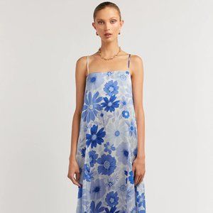 DISSH - LORI BLOOM SILK MIDI DRESS - US Size 2, Blue Floral